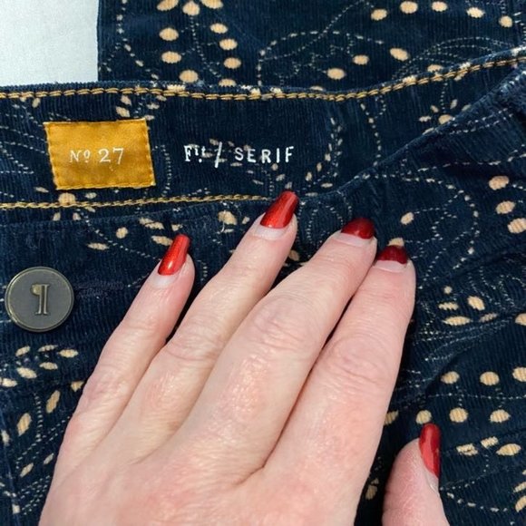 Anthro Pilcro Paisley Print Navy Blue Corduroy Skinny Jeans Serif Fit Size 27 - Picture 7 of 11